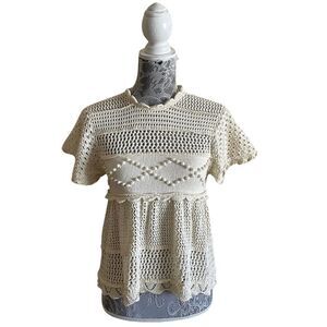 Alexa Chung Cutout Cotton Blend Crochet Knit Top Ecru Size Small